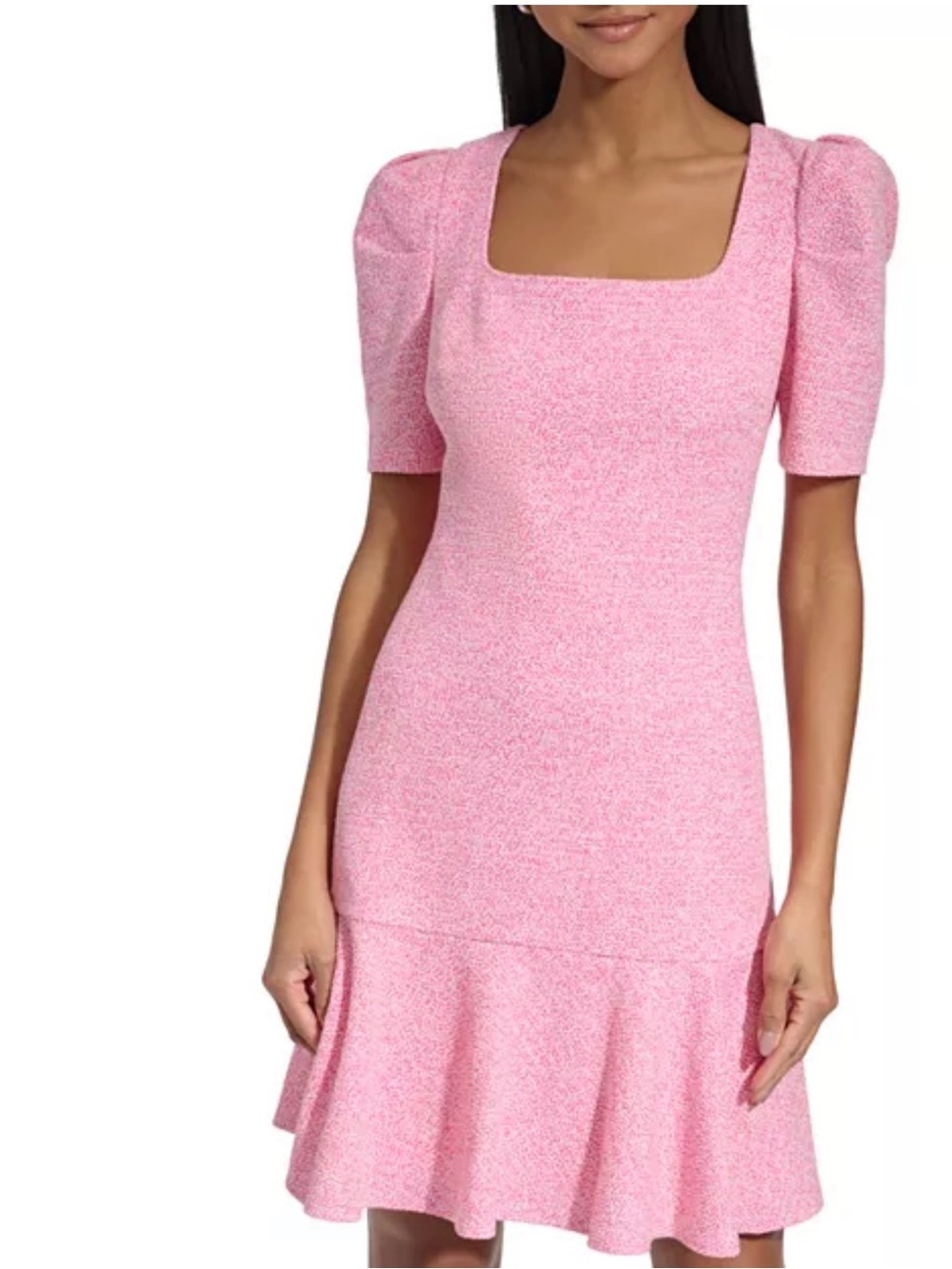 Karl Lagerfeld Pink Tweed Square-Neck Puff Sleeve Fit & Flare Mini Dress